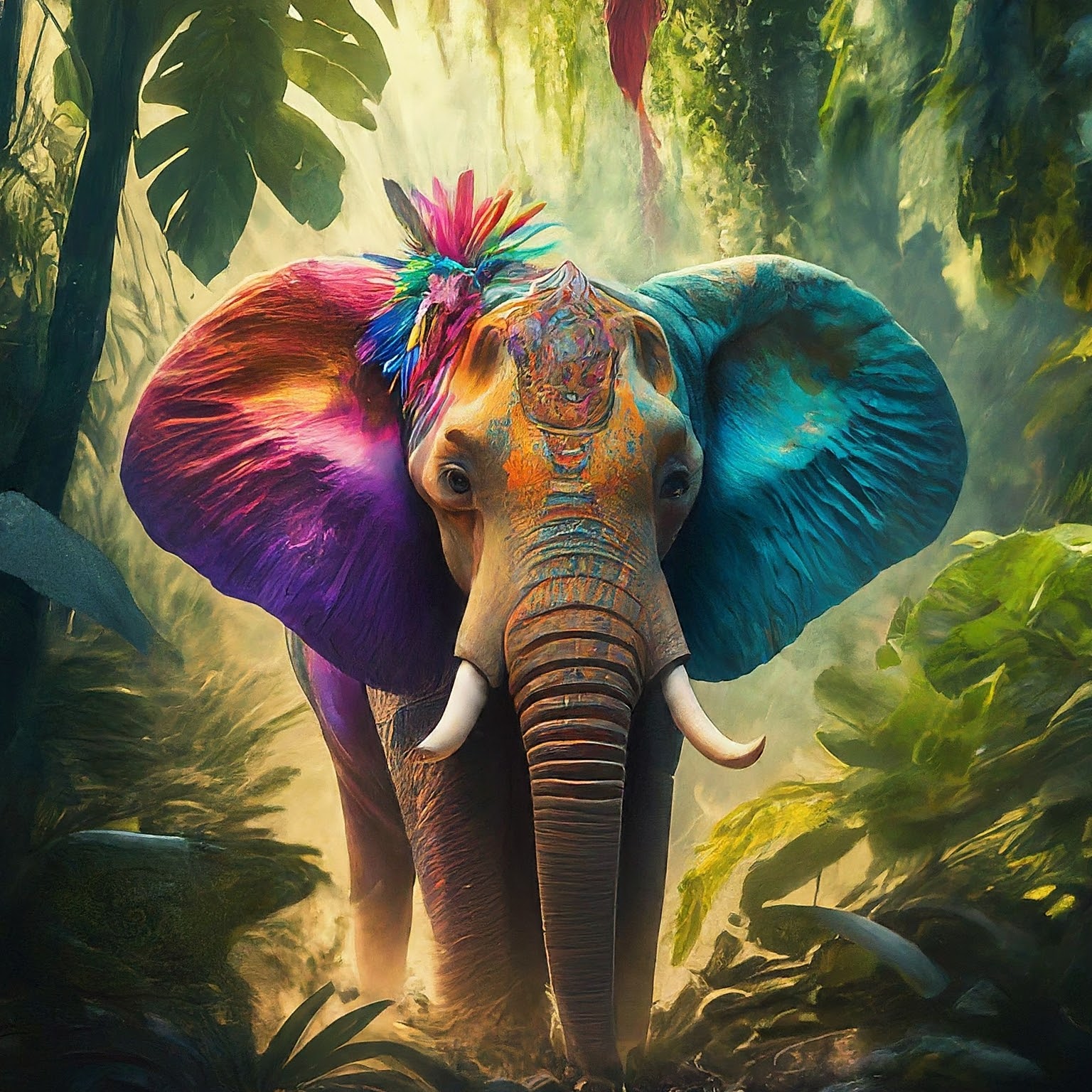 An image of an elephant walking in the jungle with vibrant colors over its body
