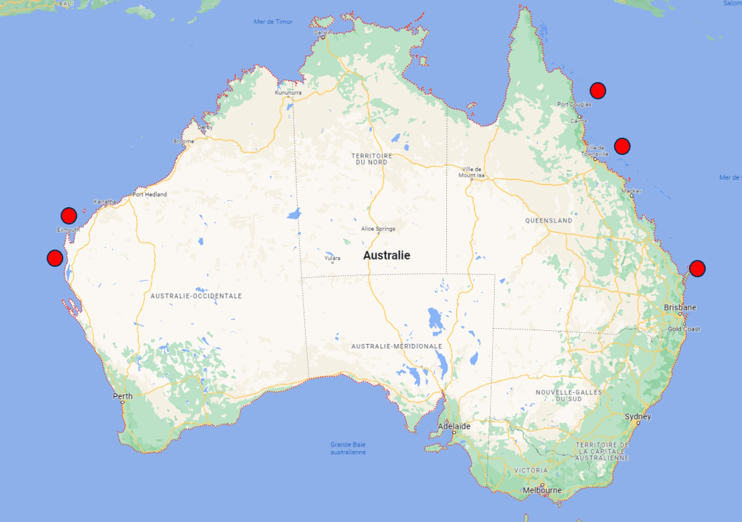 Carte des 6 meilleurs endroits où plonger en Australie