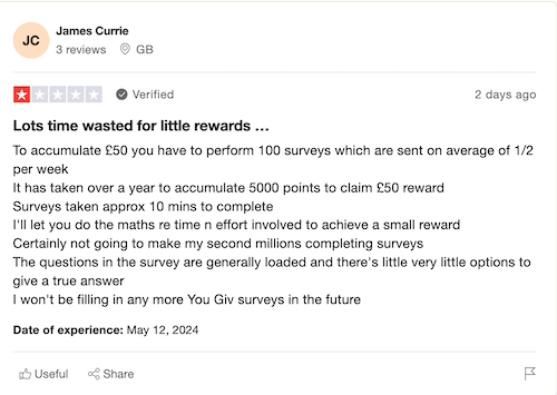 A 1-star Trustpilot review from a YouGov user who says it's taken them over a year to qualify for a reward and that they won't be participating any longer. 