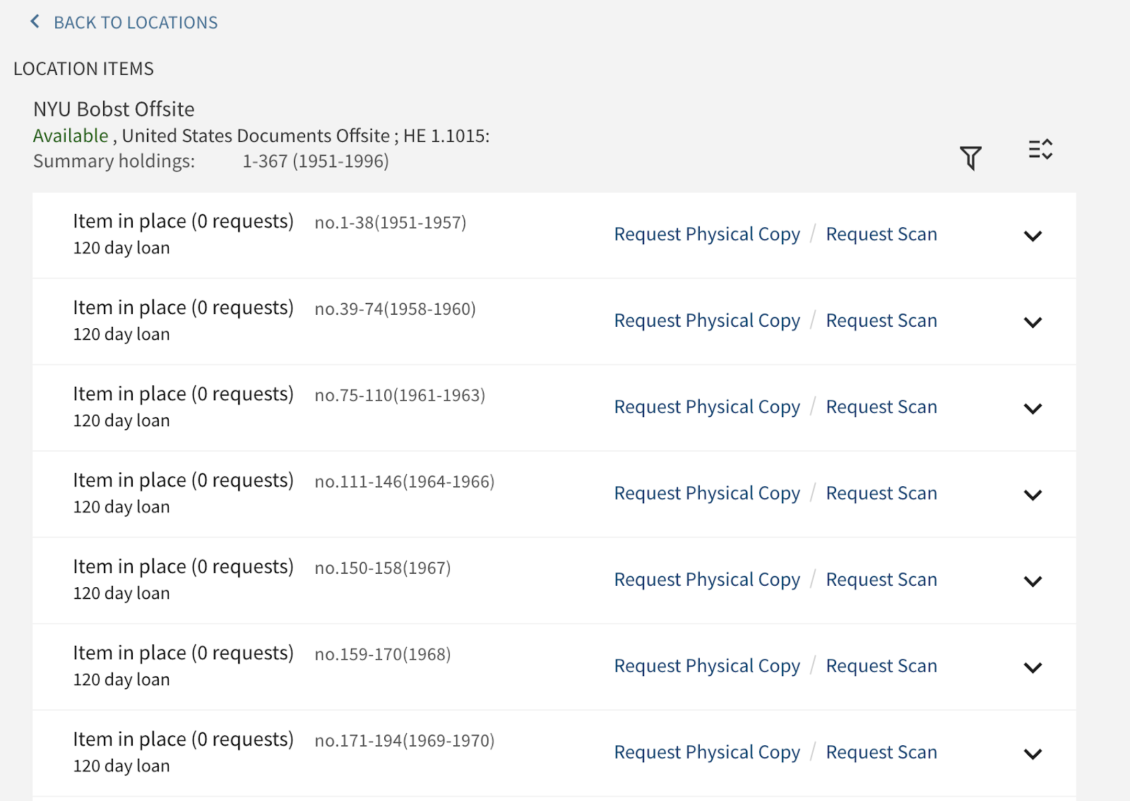 Screenshot of a catalog record for US documents in the Bobst Offsite collection, with the location expanded to show requestable items, organized by number and year. Each item has two request options: "Request Physical Copy" and "Request Scan".