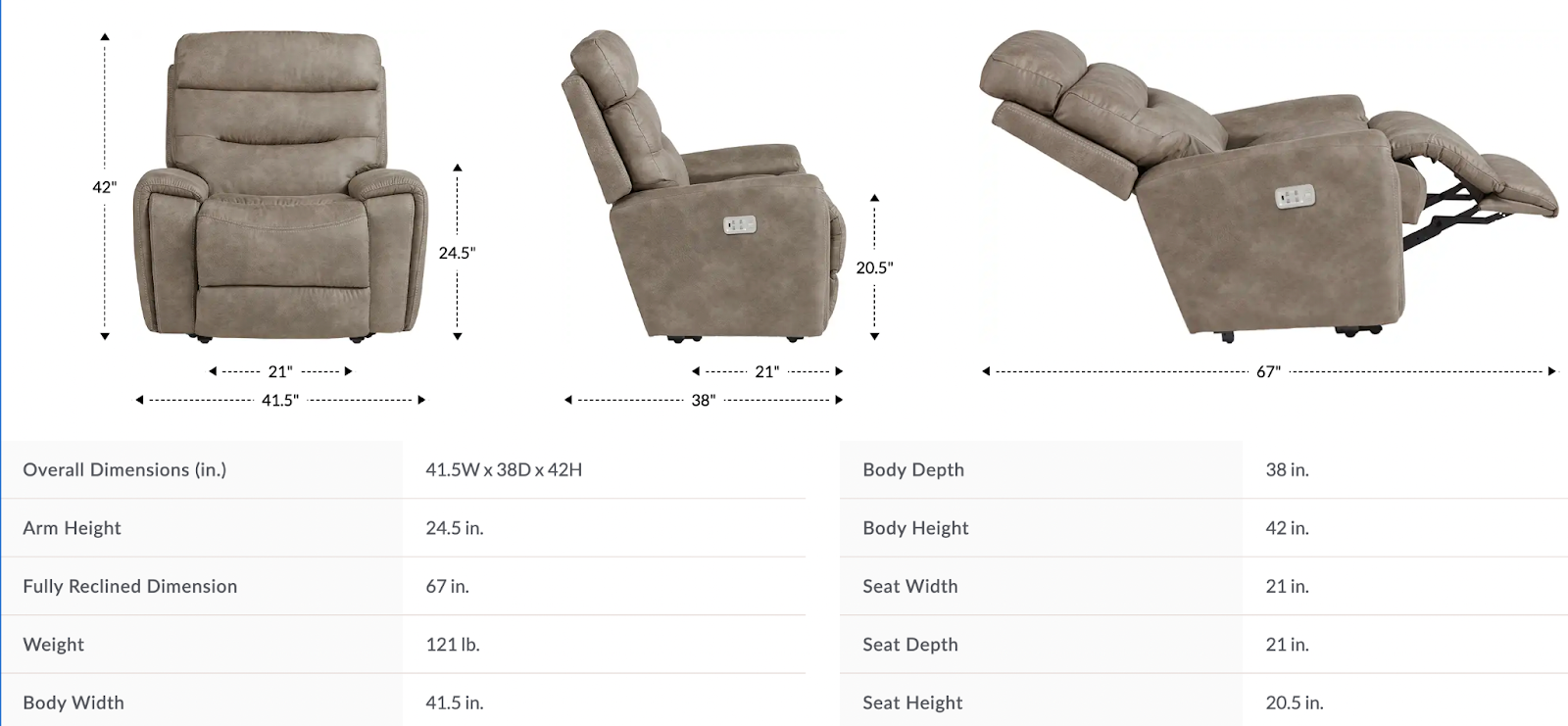 soren power wall recliner w/ headrest & lumbar dimensions