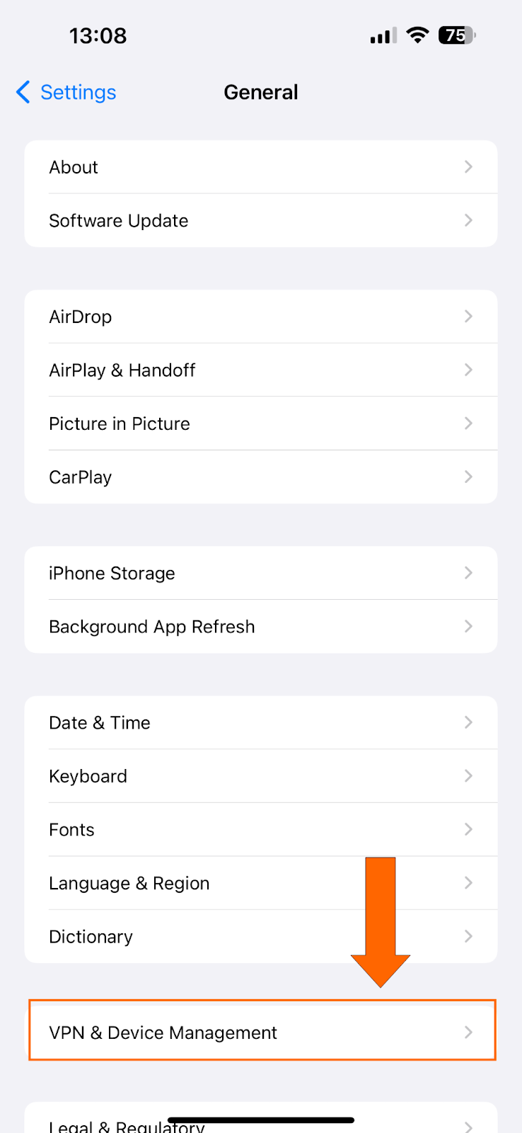 VPN menu for iOS with VPN  management highlighted.