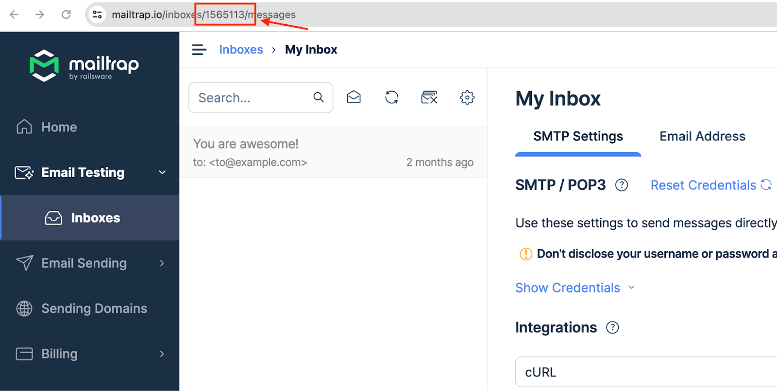 Mailtrap email tesing Inbox ID