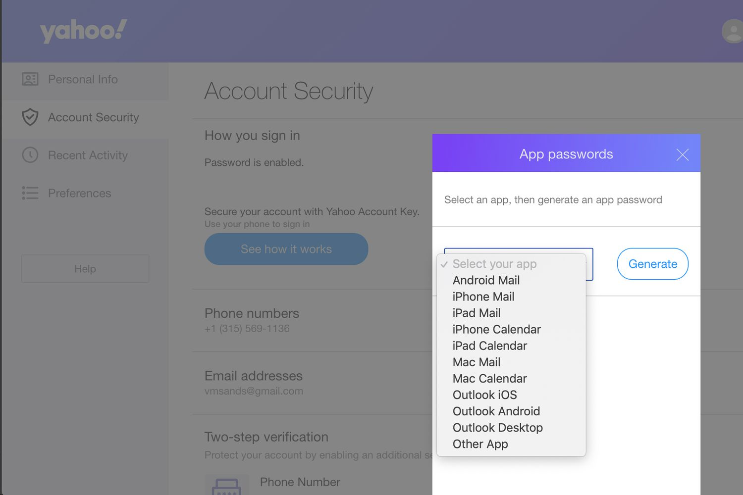 To Create App-Specific Password in Yahoo: Select Your App