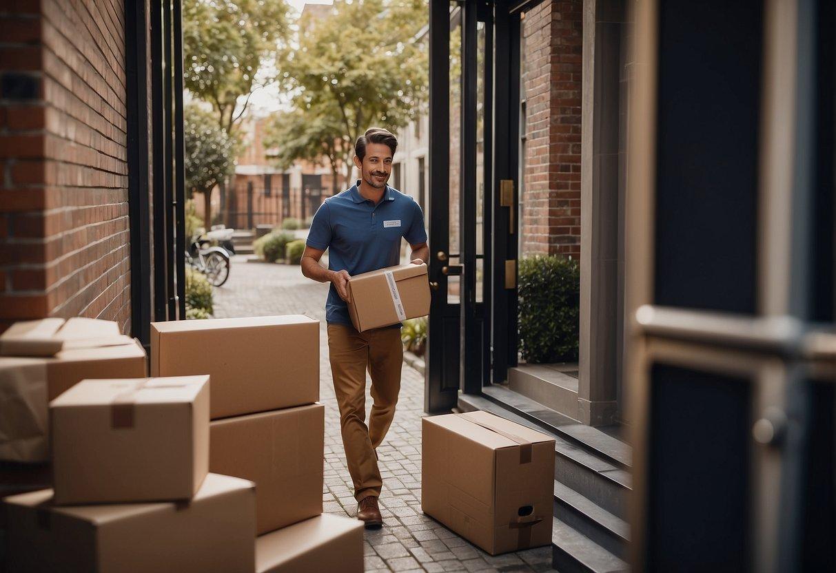 A courier delivers a package to a customer's doorstep, while a digital tracking system updates the recipient in real-time
