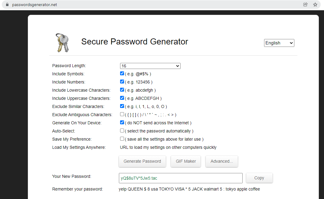 Screenshot of a secure password generator with a newly generated password