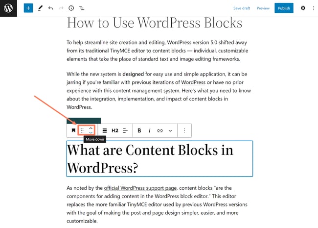 What are blocks in wordpress, Move down arrow selected in block settings toolbar in Gutenberg editor