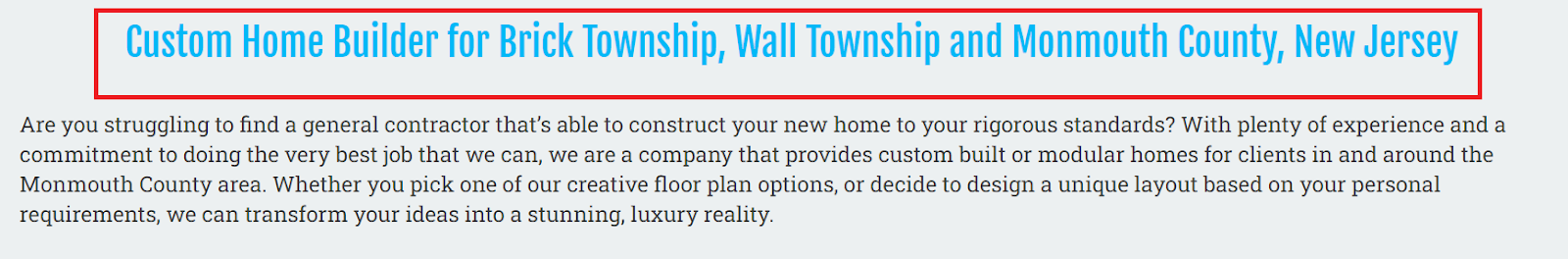 Landing page for a custom home builder for Brick Township, Wall Township and Monmouth County, New Jersey