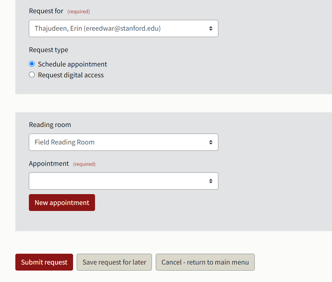 Bottom section of requestable finding aid. Drop down "Request for" selects their name or activity associated with request, designates whether request is for on-site or digital access, confirms reading room, and selects appointment