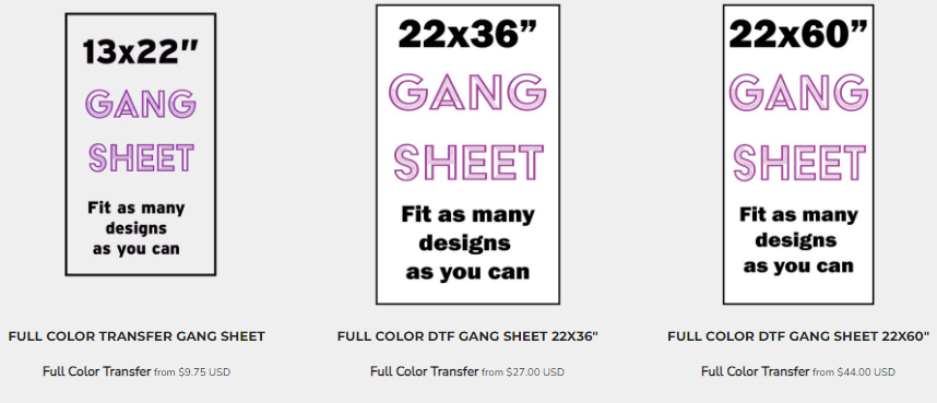 AMS Transfers gang sheet sizing options