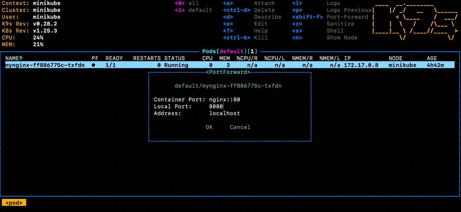 K9s interface - port forwarding dialog box
