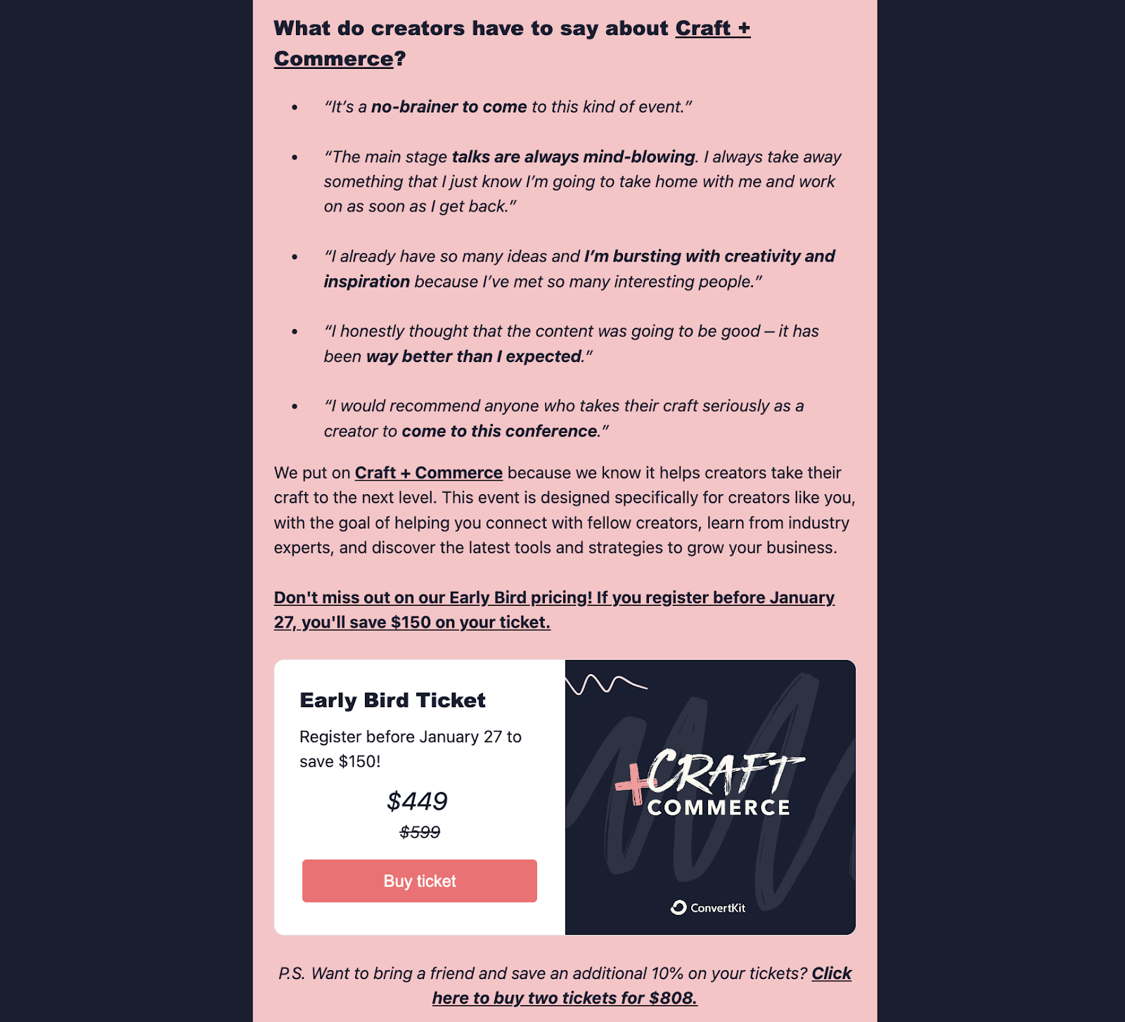 ConvertKit email invite to Craft + Commerce event.