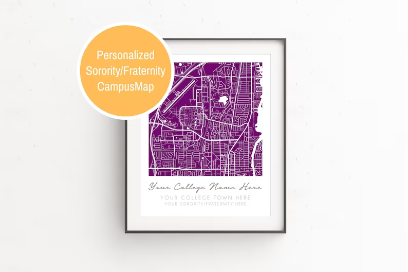 Personalized Sorority Campus Map (Pictured: An example of a purple background with white lines on the map and space for personalization)
