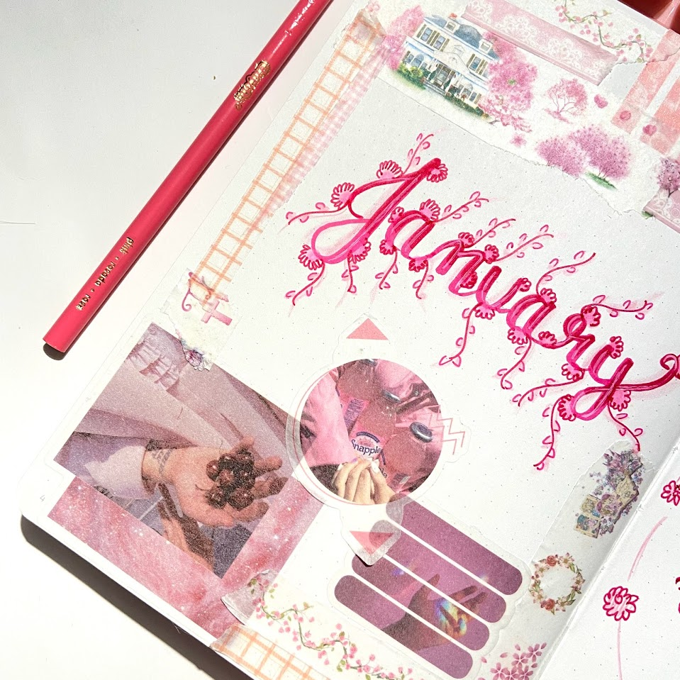 My journalling spread for January in pink.