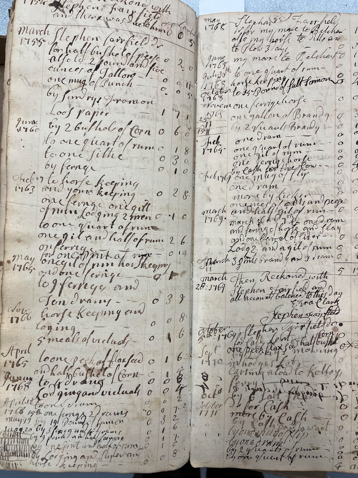 A picture of an account book listing dates, descriptions of a product and the name of the patron, and price.