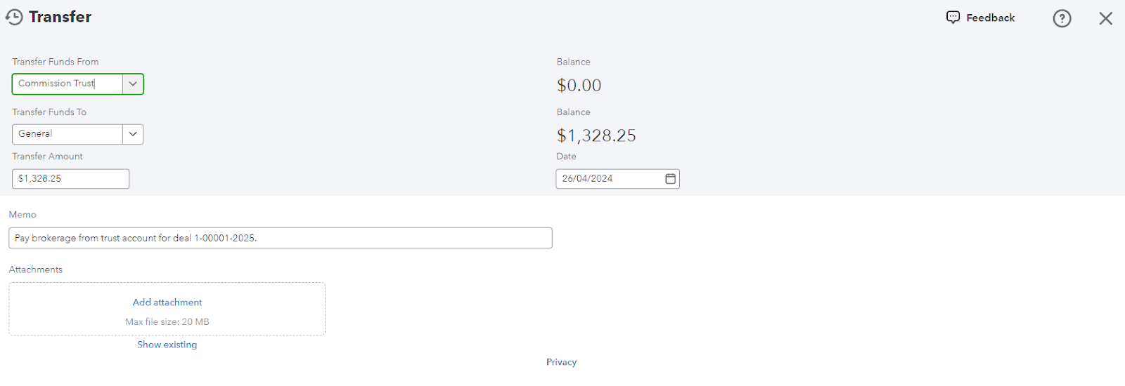 Transfer Entry for Payment to Brokerage