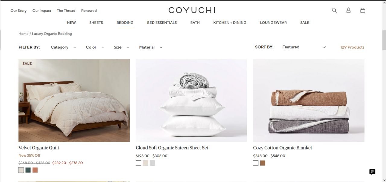 Coyuchi's well-optimized site, perfected by the Atwix team.