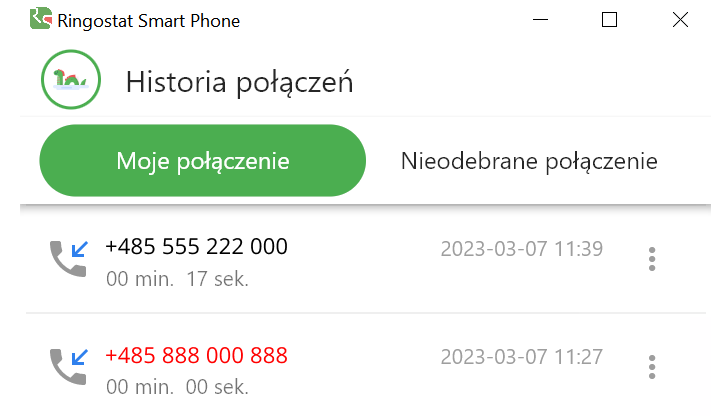 Power Rubber, aplikacja Ringostat Smart Phone, historia połączeń