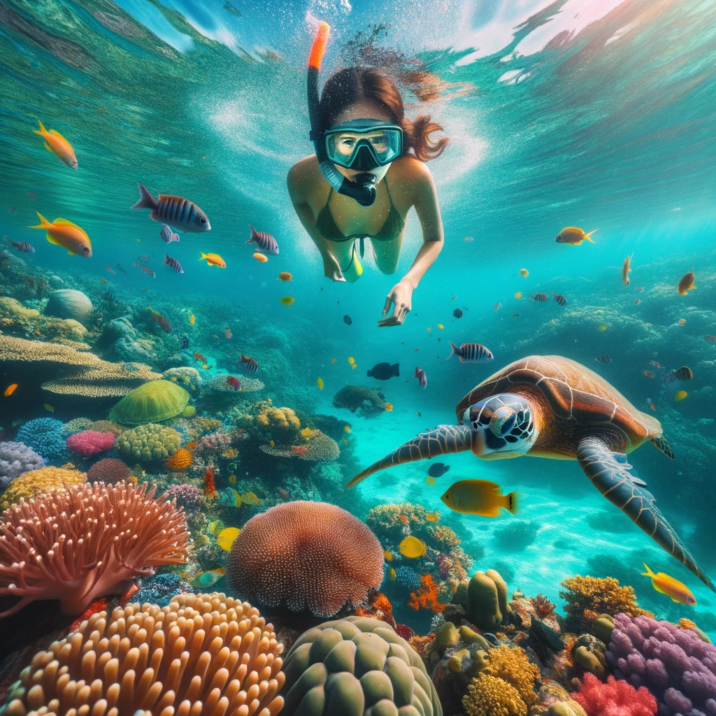 A snorkeler encounters a sea turtle amidst vibrant coral reefs in Los Cabos.