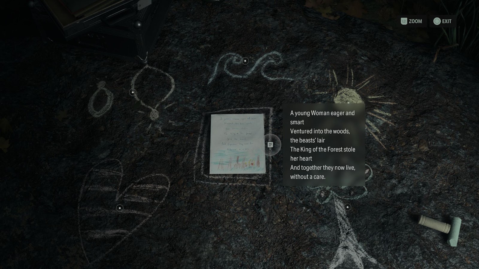 An in game screenshot of the Ranger Cabin nursery rhyme from Alan Wake 2. 