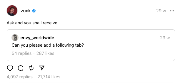 Mark Zuckerberg's response to a user on Threads asking for a following tab