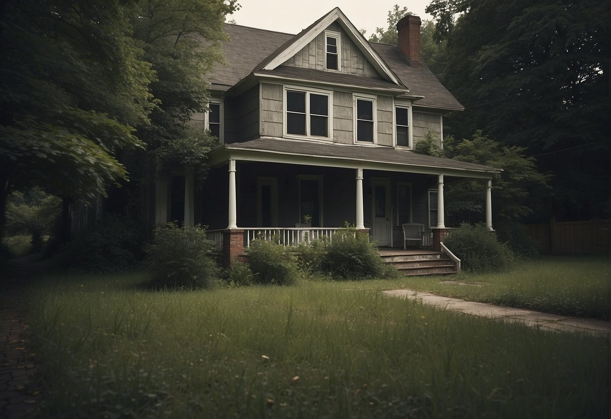 A deserted house with a "For Sale" sign in the front yard, overgrown lawn, and empty driveway. The windows are dark, and the exterior looks neglected