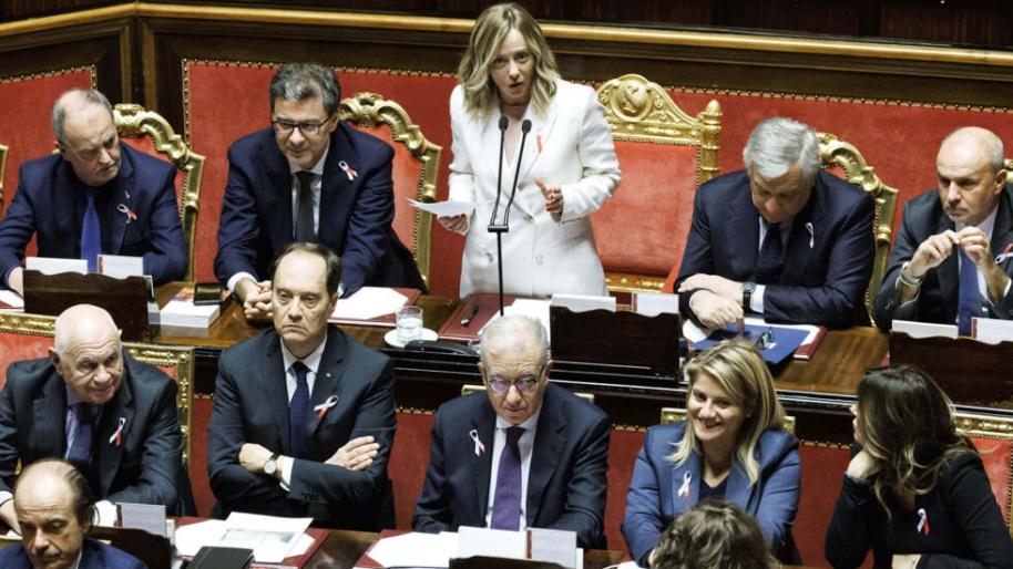 Italian Premier Giorgia Meloni addresses the Senate in Rome, Thursday, Nov. 23, 2023.
