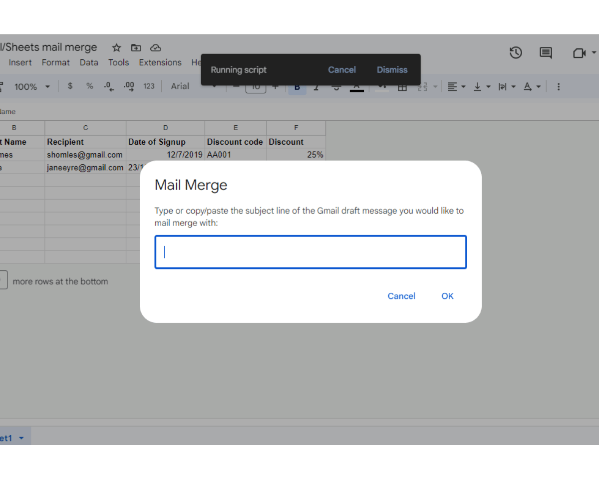 Mail merge pop-up window