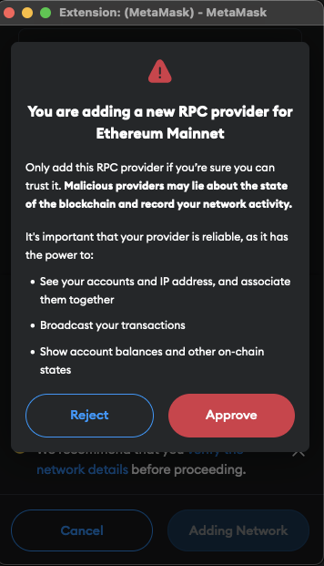 A screenshot of MetaMask showing a warning when you try to add a new RPC provider 
