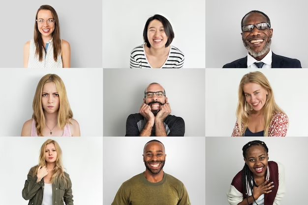 A grid of nine showing diverse moods of nine individuals.