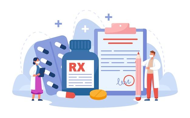Free Vector | Tiny pharmacists with prescription drugs for patients.  pharmaceutical industry, rx symbol on bottle of painkillers flat vector  illustration. pharmacy, medicine, health concept for banner