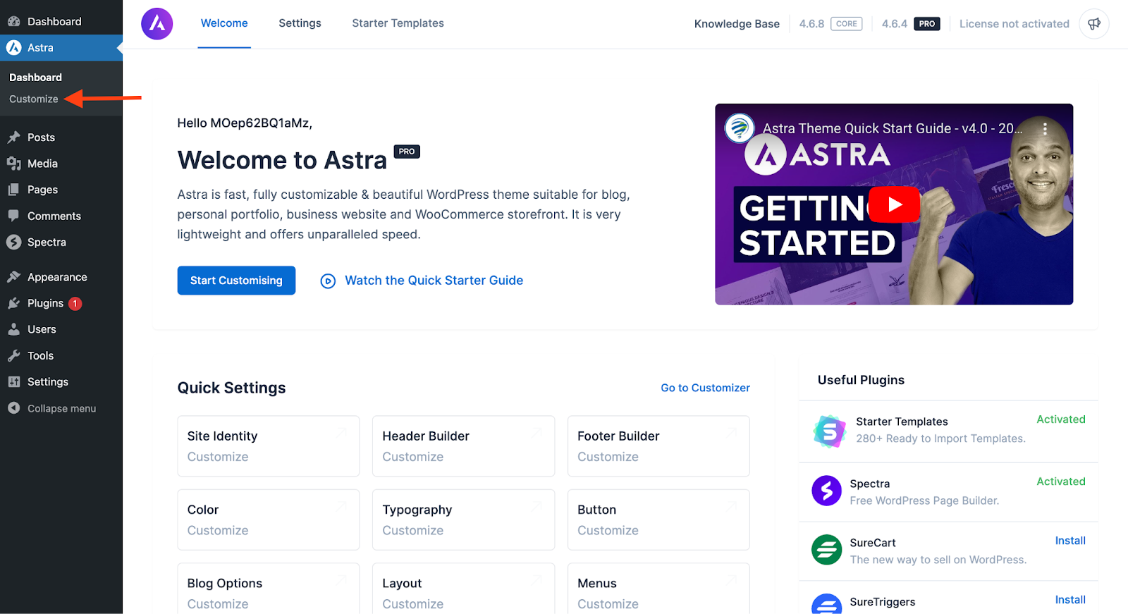 Astra > Customize > Footer Builder