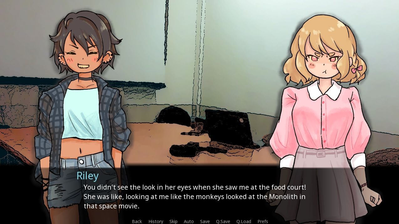 GFxF Yuri Game Screenshot of two cute girls one with darker hair the other with blonde hair and a bow.  