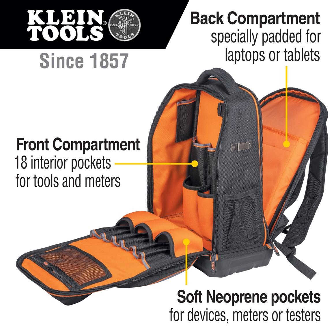 A black and orange backpack with text

Description automatically generated