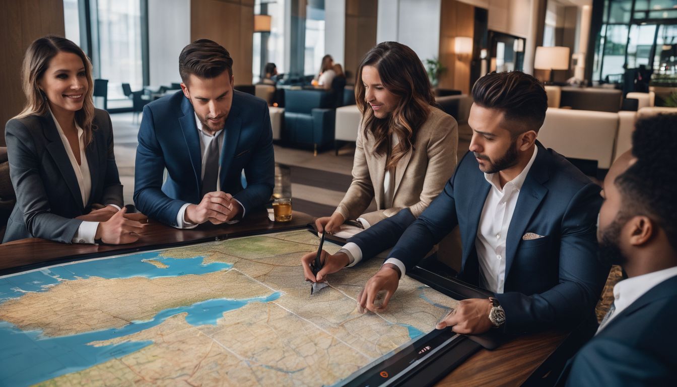 A group of professionals strategizing around a map in a hotel lobby.