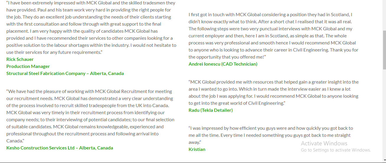 Testimonial from MCK Global Recruitment 
