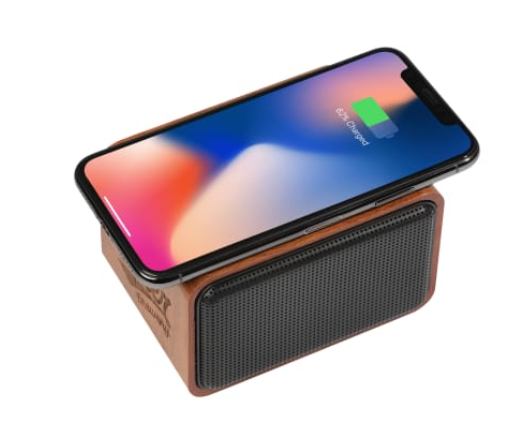 Screenshot of a Bluetooth speaker with a phone on top. 