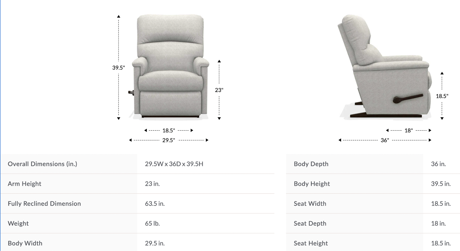 collage rocking recliner dimensions