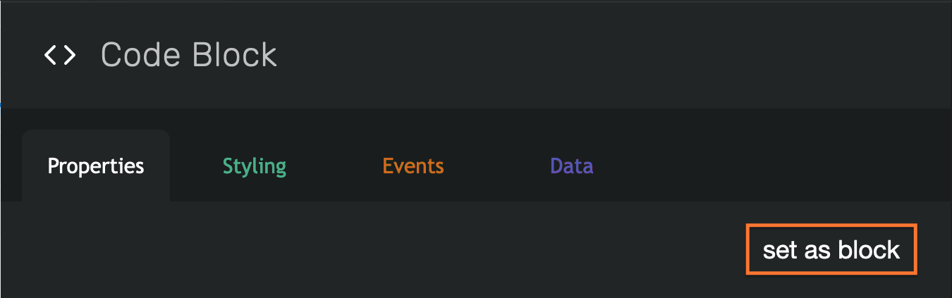 Overview of the Code Block settings menu in Bildr, with the button ‘set as block’ highlighted.