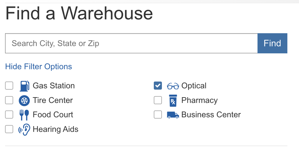screenshot from costco showing how to select locations with optical services