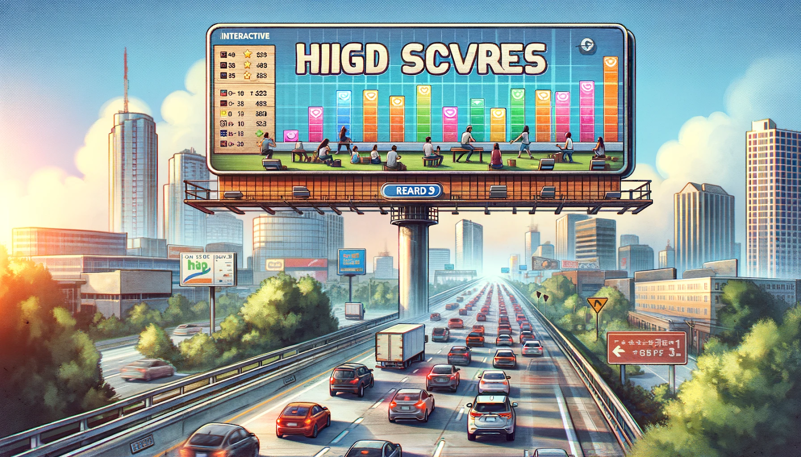 a classic billboard transformed into an interactive game leaderboard, overlooking a busy highway.