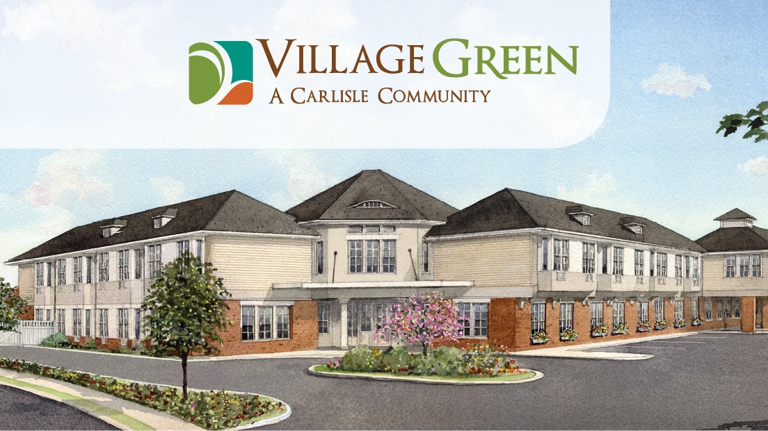 A color-pencil stenciled art rendering of the Village Green senior living facility