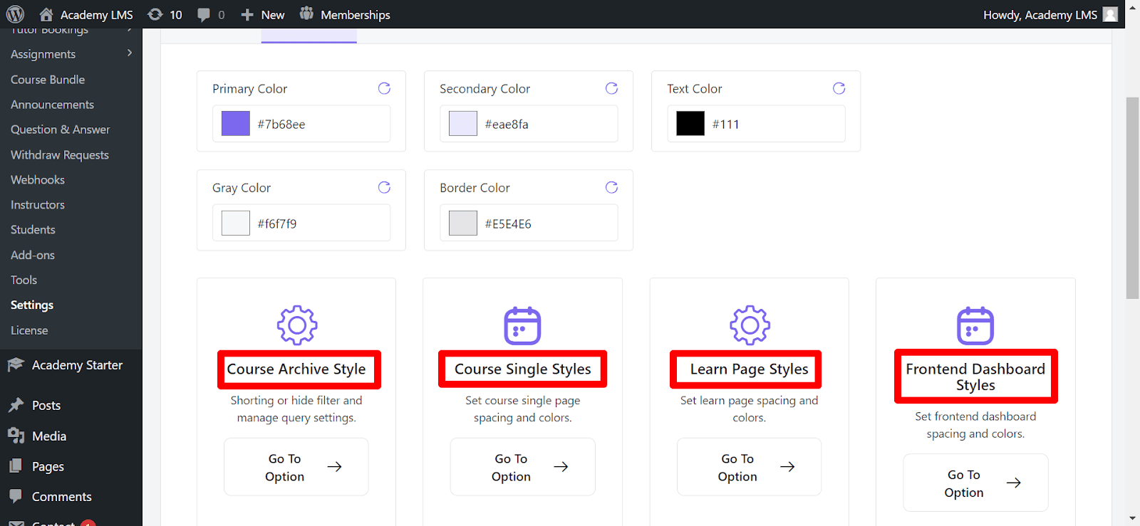Academy LMS Styling section footer menu 