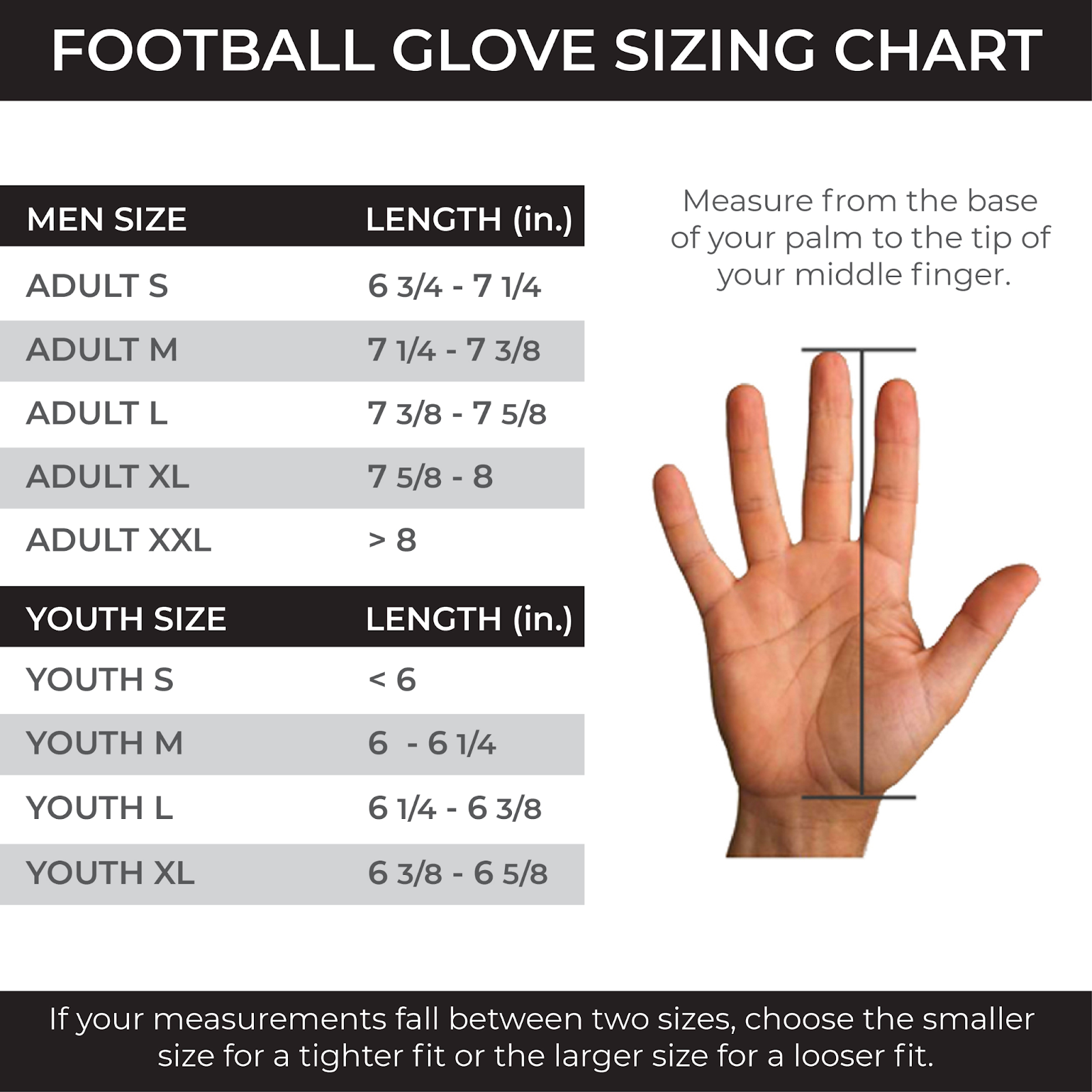 Football glove sizing chart for kids and adults