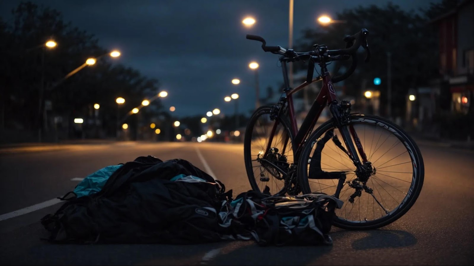 a cyclist lies beside a crumpled bicycle on an empty road at dusk, with blurred city lights in the background.