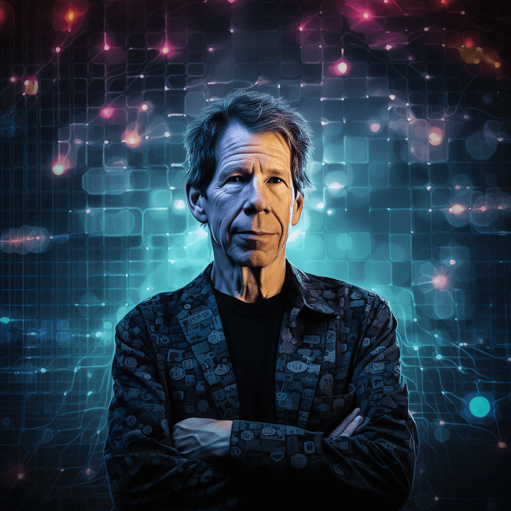 An artist’s impression of Hal Finney who received the first recorded Bitcoin transaction and coined the term “Blockchain”.