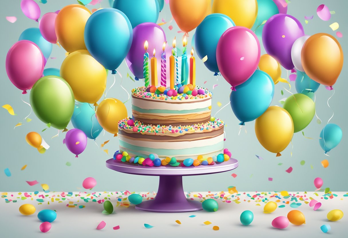 A colorful birthday cake surrounded by balloons and confetti, with a banner reading "Frequently Asked Questions Birthday" hanging in the background