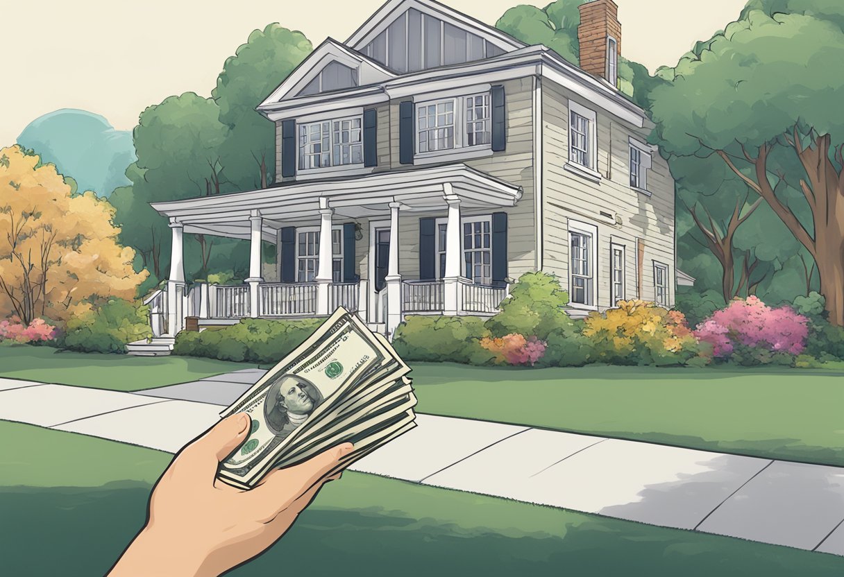 A hand holding a stack of cash being offered to a house with a "for sale" sign in the front yard