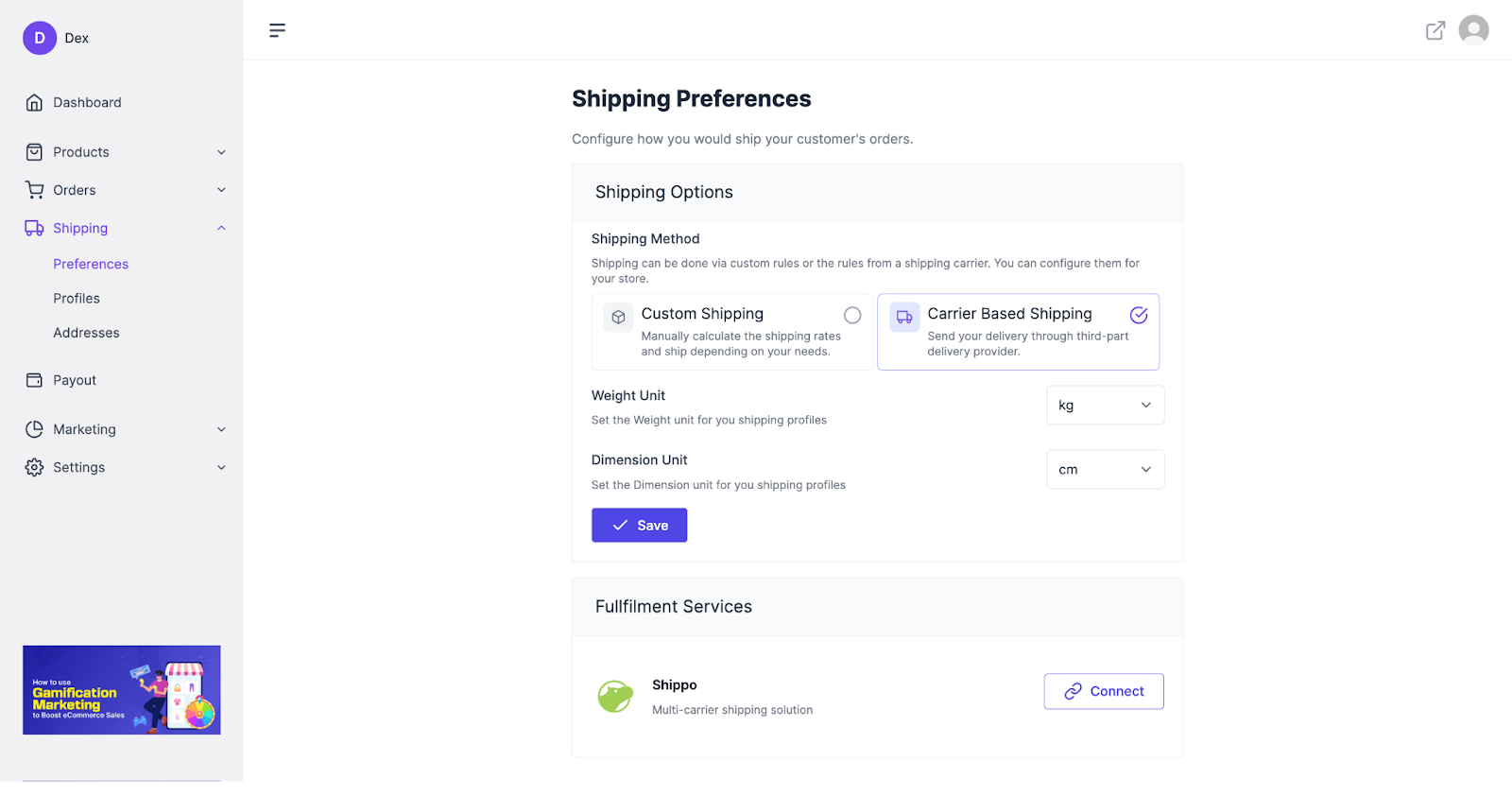 A screenshot to Shipping Settings for vendors