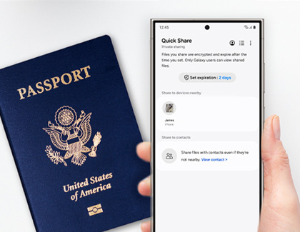 Hand holding a Galaxy S24 Ultra with Quick Share on screen, next to a US passport